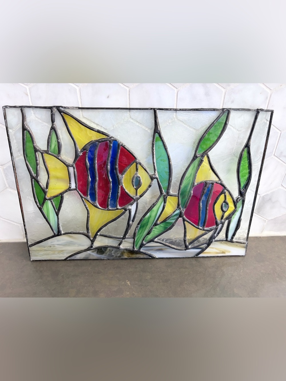 Hand Crafted Colorful Stained Glass Tropical Fish Panel